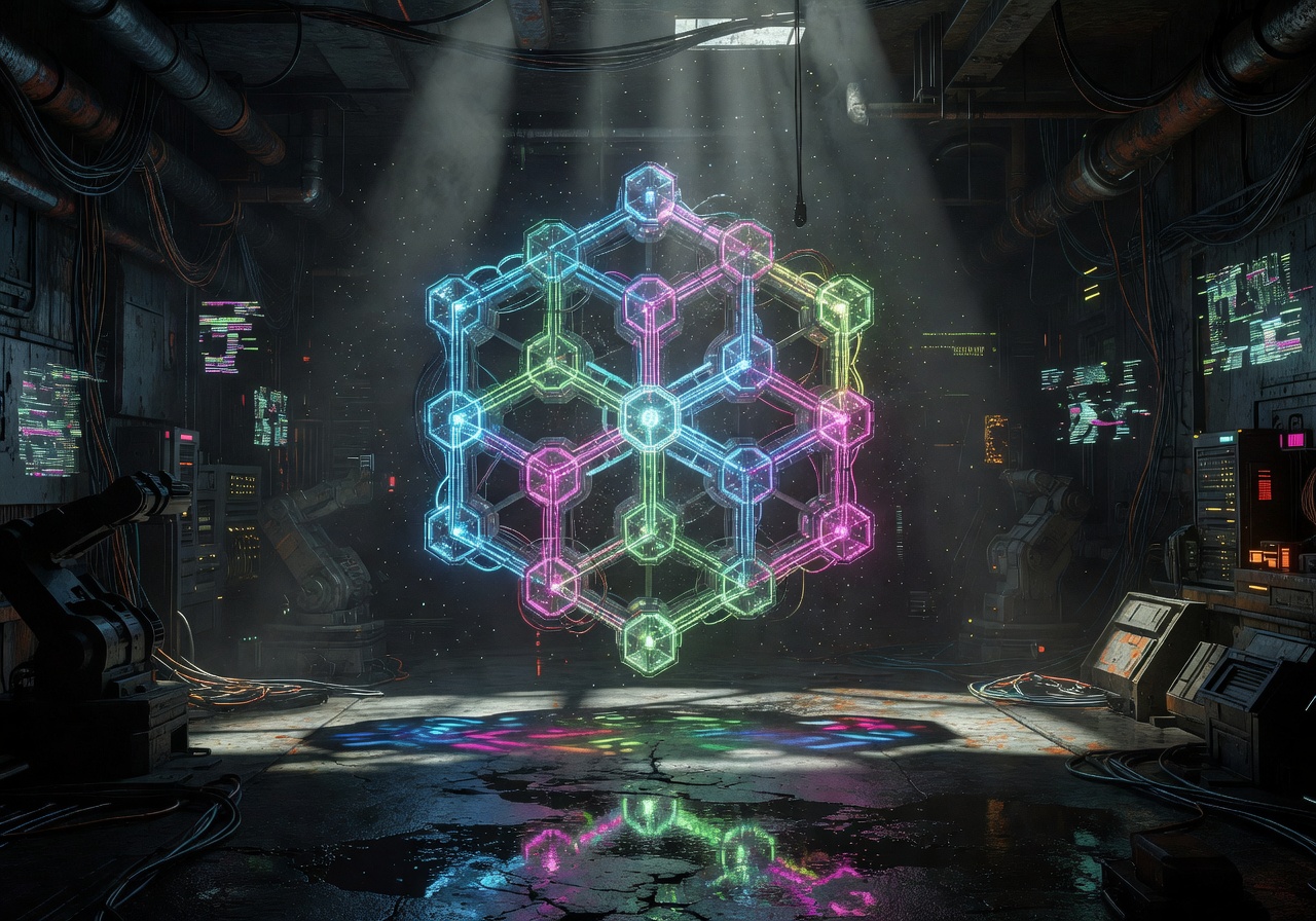 Cyberpunk cinematic puzzle environment with glowing hexagonal grid